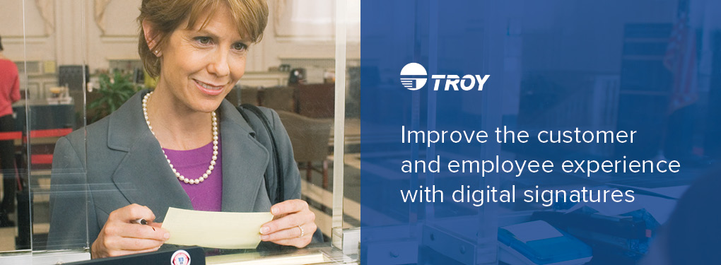 Image of bank teller with text "Improved the customer and employee experience with digital signatures"