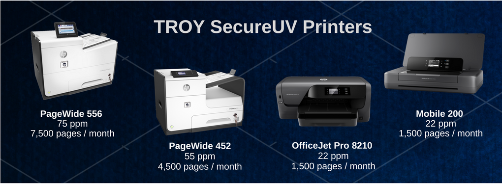 TROY SecureUV Printers featuring fluorescing ink for document security