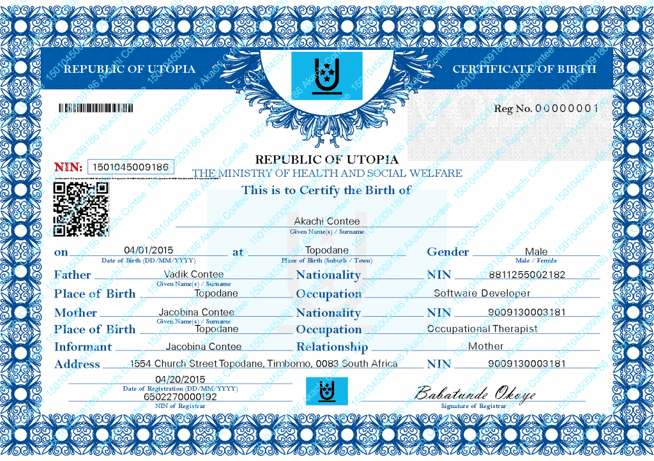 Secure birth certificate with layered, personalized security features.