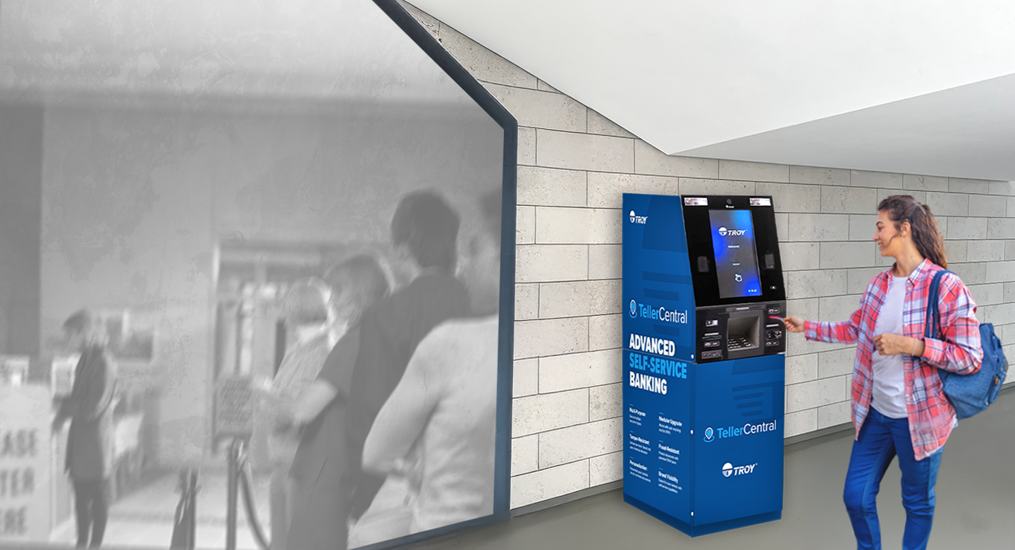 A split screen of people waiting in lines at the bank in black and white next to a shot of a woman using a TellerCentral machine in an open area